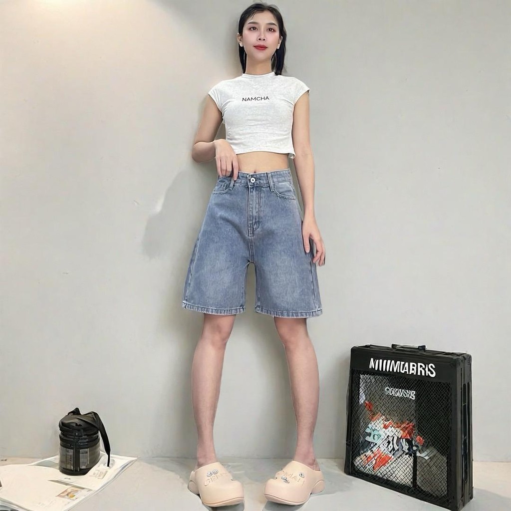 NAMCHAกางเกงยีนส์ กางเกงยีนส์สามส่วน ยีนส์ขาสั้น สียีนส์ #-102