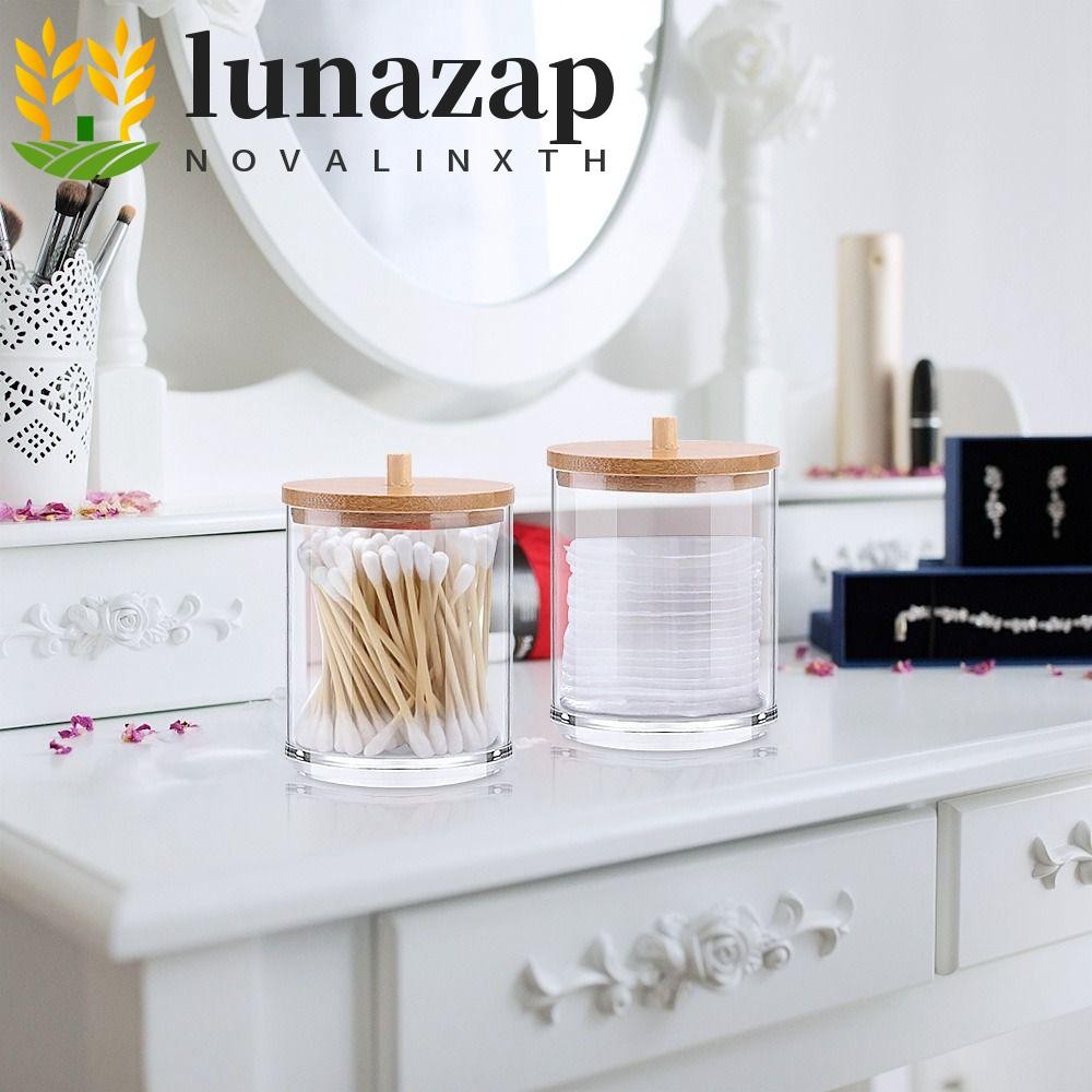 LUNAZAP Qtips ผู้ถืออะคริลิคสําหรับอุปกรณ์ห้องน้ําลูกอมเครื่องสําอางพร้อมฝาปิดไม้ไผ่ขวดห้องน้ํามัลติ