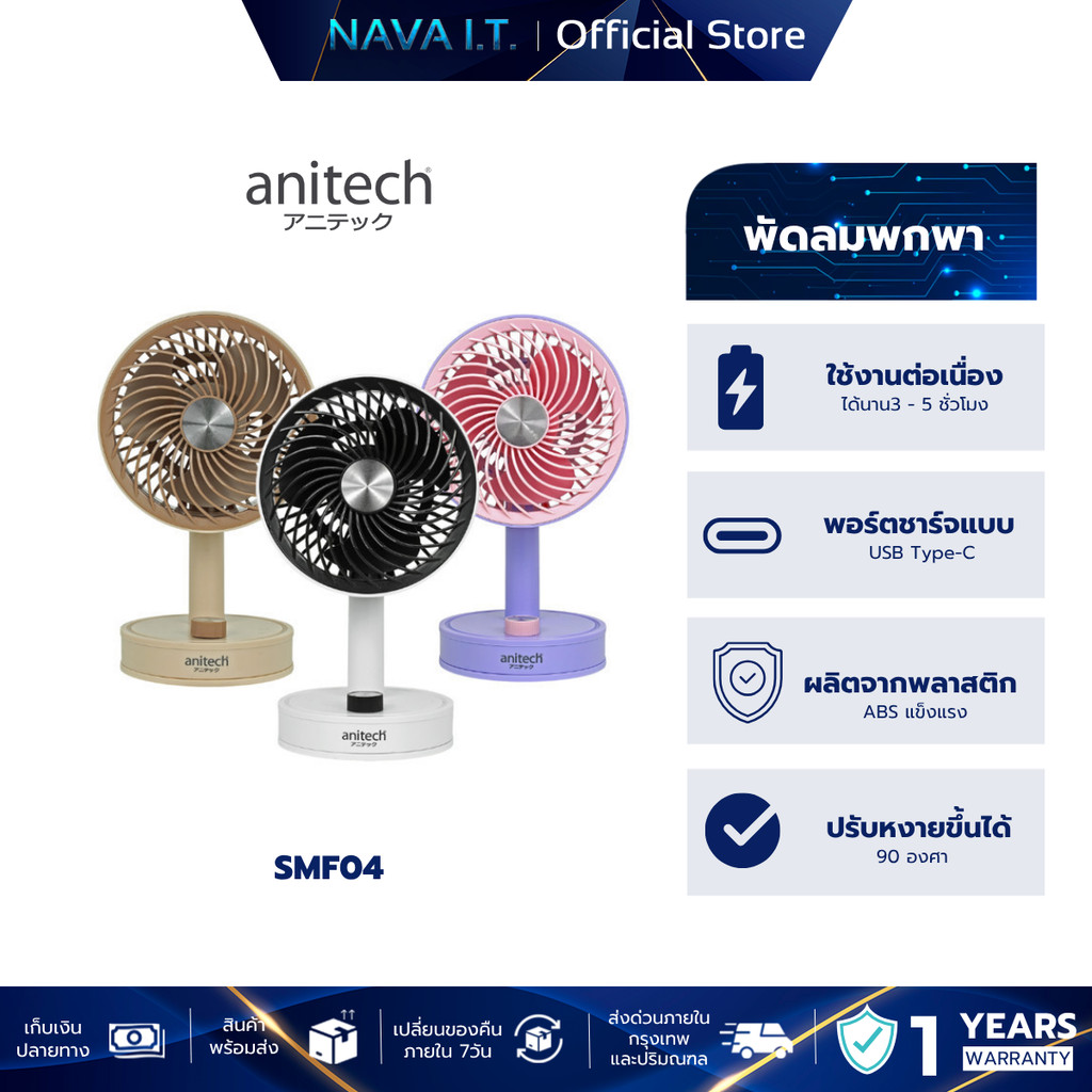 Anitech SMF04 พัดลมพกพา ปุ่มปรับแรงลมแบบหมุน แบตเตอรี่ 1200mAh รับประกัน 1 ปี