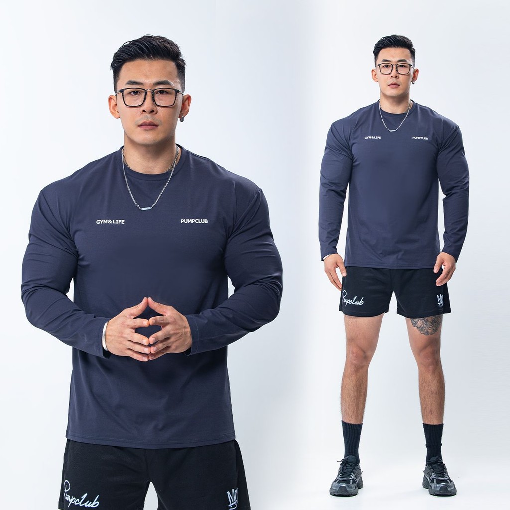 【Ready Stock】 Cotton Half Placket/round Neck Slim Fit Casual Fashion Show Fitness High Elastic Base 