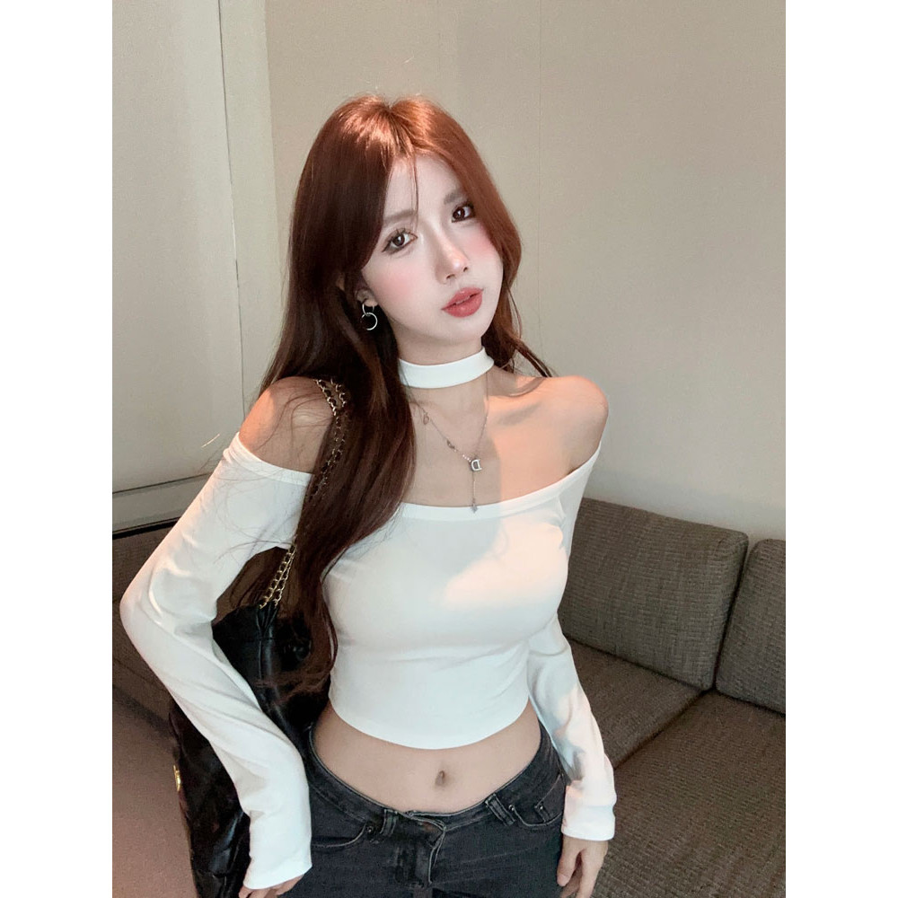 ⭐Soroh⭐เสื้อแขนยาว สีพื้น ปาดไหล่ เข้ารูป ผ้านุ่มนิ่ม ยืดพอดีตัว เสื้อครอป สไตล์เกาหลี แฟชั่น#FY0833 - รูปที่ 5