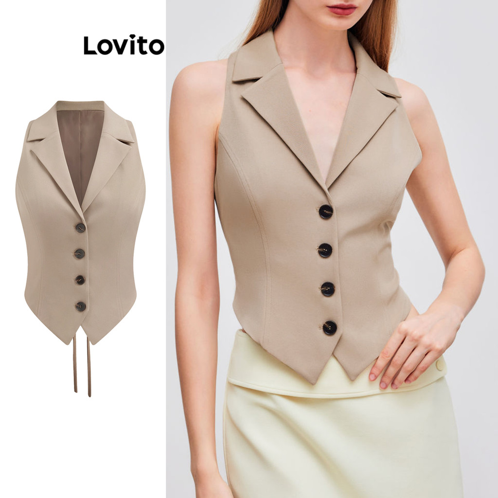 Lovito เสื้อแขนกุดผู้หญิง มีกระเป๋า มีกระดุม สีพื้น สไตล์ลำลอง L106AD257