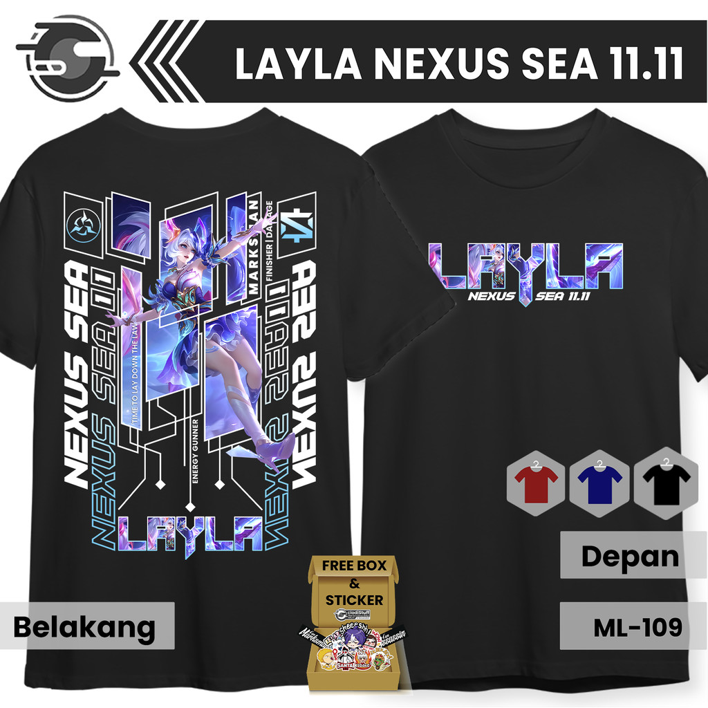 MLBB LAYLA NEXUS SEA 11.11 แขนสั้นผ้าฝ้ายหวีเสื้อยืดสีดํา Mobile Legends เสื้อผ้า