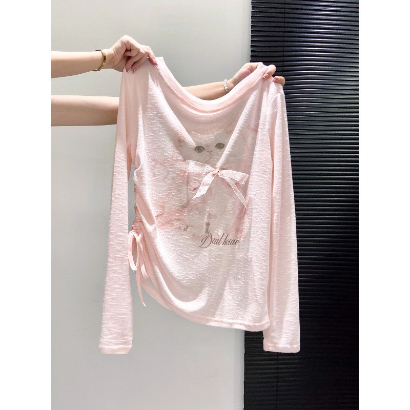 เสื้อยืดแขนยาวสำหรับผู้หญิง ลายพิมพ์แมวน่ารัก ทรงสแลบ-fit ราคา ถูกที่สุด ดีลบีเคเค แกลเลอรีภาพที่ 3