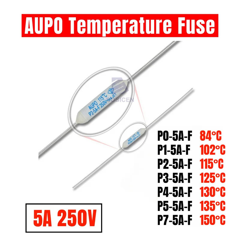 100PCS AUPO 5A 250V JET P0/P2/P3/P4/P5/P7-5A-F 84/102/115/125/130/135/150°C เตาแม่เหล็กไฟฟ้า ฟิวส์อุ