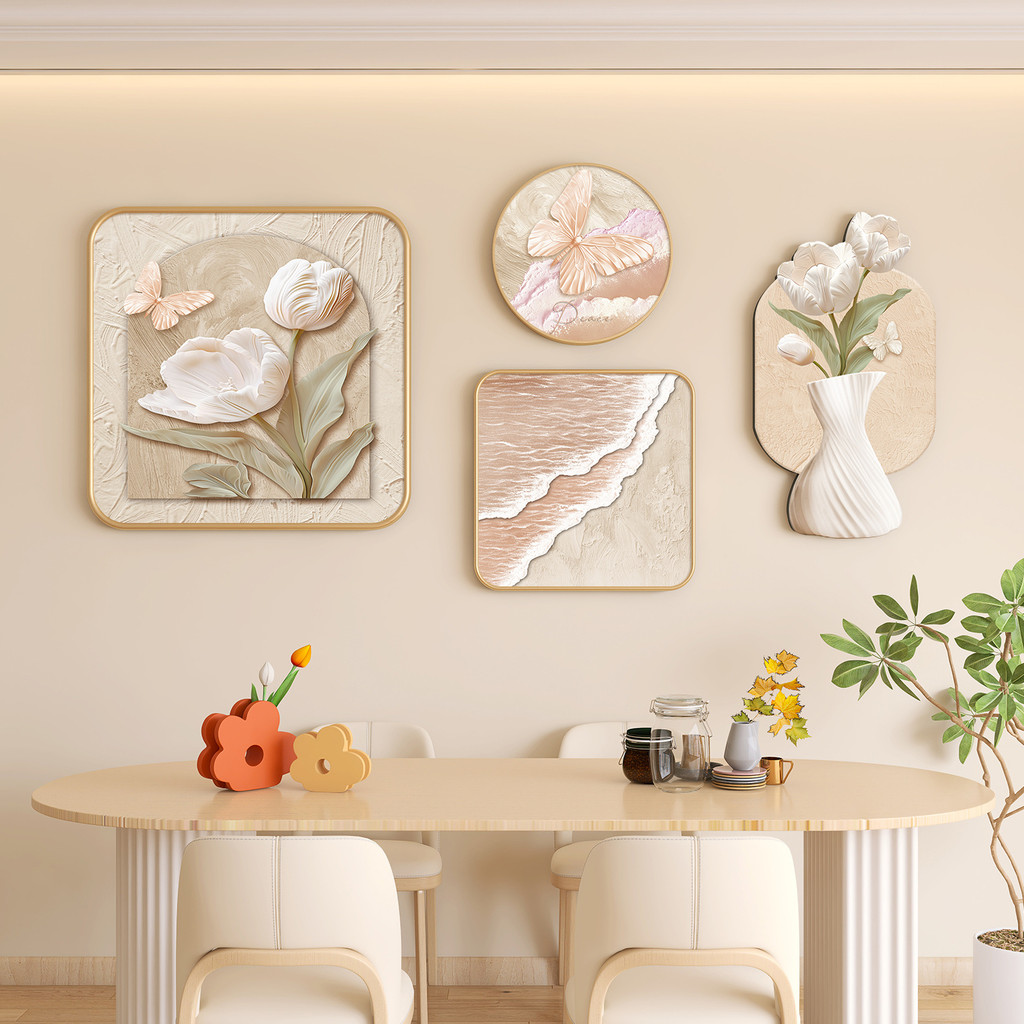 Cream-style dining room decorative painting, kitchen background wall, Nordic fresh green plant wall 