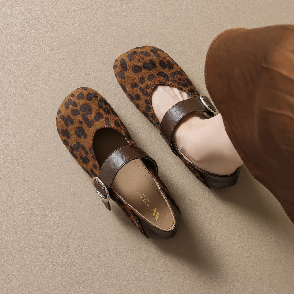 Wilwell Girl-Retro Leopard Print Mary Jane Shoes Womens Pumps Flat Strap Flat Ballet Shoes