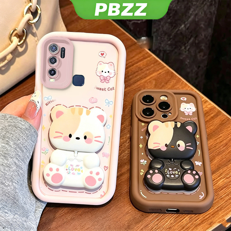 เคสสําหรับ vivo y30 y30i Y50 เคสโทรศัพท์ Softcase ซิลิโคนกันกระแทก ฝาครอบความงามดีไซน์ใหม่พร้อมที่วาง 360° กระจกแต่งหน้า แมวน่ารัก สําหรับเด็กผู้ชาย สีดํา JTXMMZJ2
