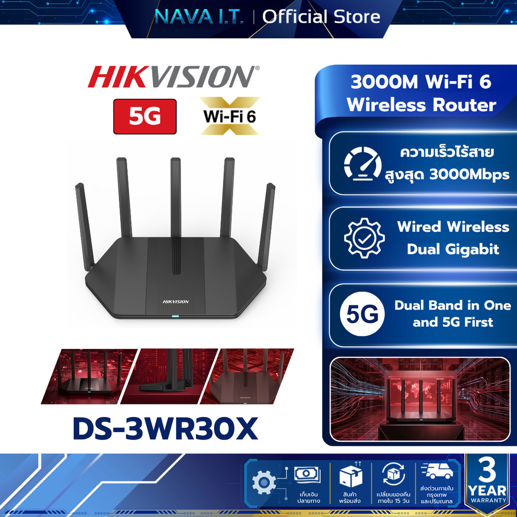 HIKVISION รุ่น DS-3WR30X 3000M Wi-Fi6 Wireless Router ความเร็ว 3000Mbps Dual Band in 5G รับประกัน3ปี