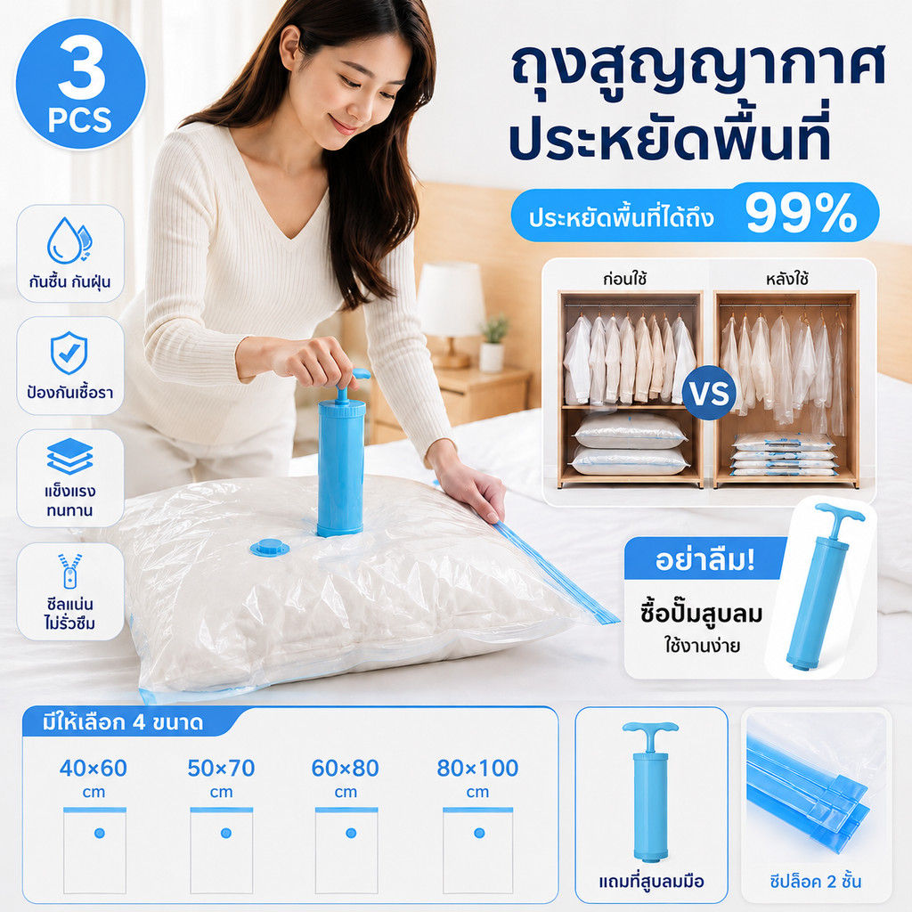 [พร้อมส่ง] ถุงสูญญากาศ ปั๊มลม ถุงสูญญากาศใส่เสื้อผ้า ประหยัดพื้นที่ ถุงประหยัดพื้นที่ กันฝุ่น กันชื้น 4ขนาด