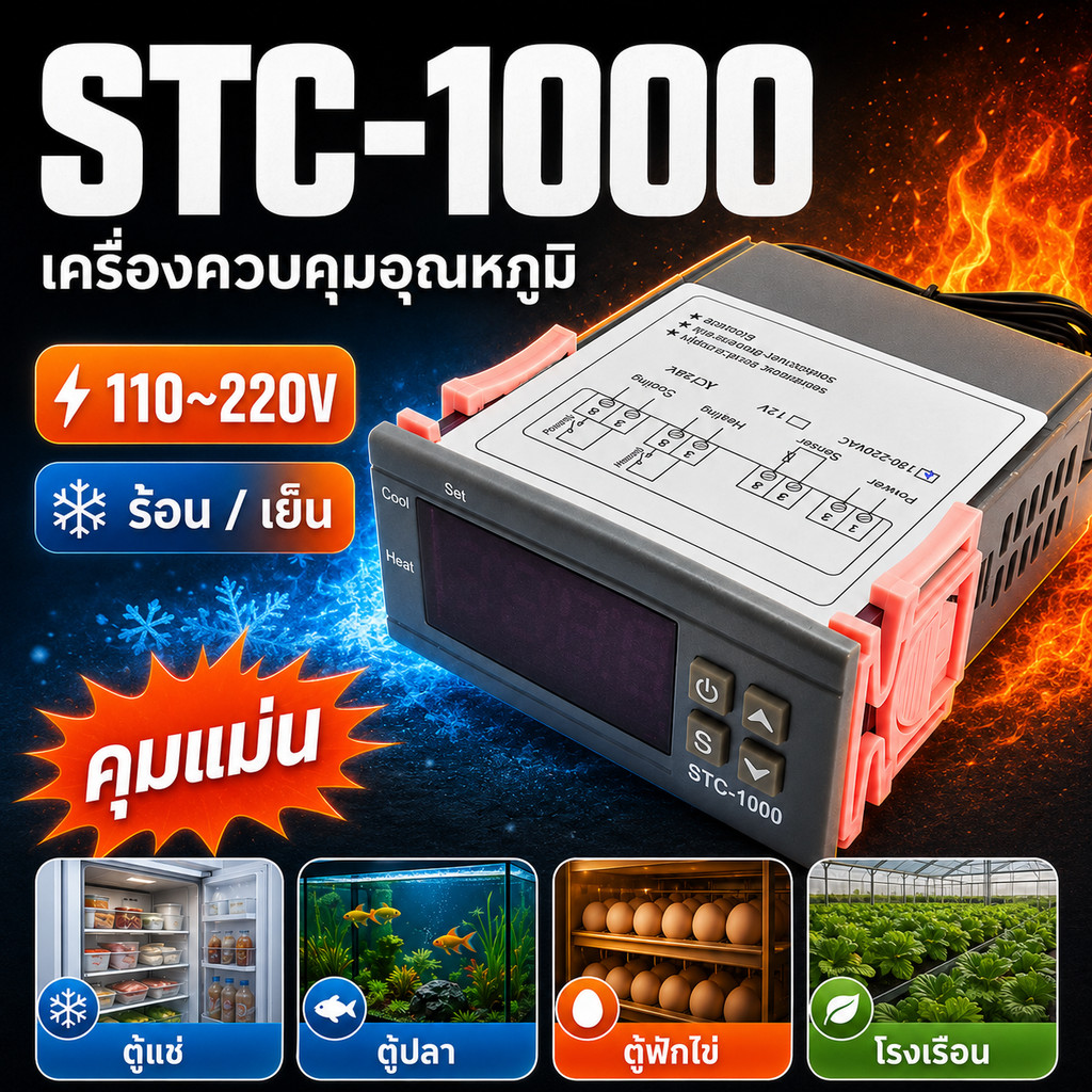 เครื่องควบคุมอุณหภูมิ STC-1000 110-220V จอดิจิทัล ตั้งค่าง่าย พร้อมเซนเซอร์ ตู้เย็น ตู้ปลา ตู้อบไข่ ห้องเย็น ร้านค้า COD