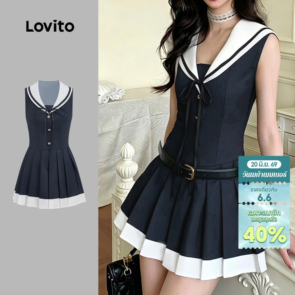 Lovito เดรสผู้หญิงทรงพรีปปี้ สีกรมท่า สไตล์คอลเลจกอล์ฟพลีต เหมาะสําหรับฤดูใบไม้ผลิ/ฤดูร้อน LK6AD173
