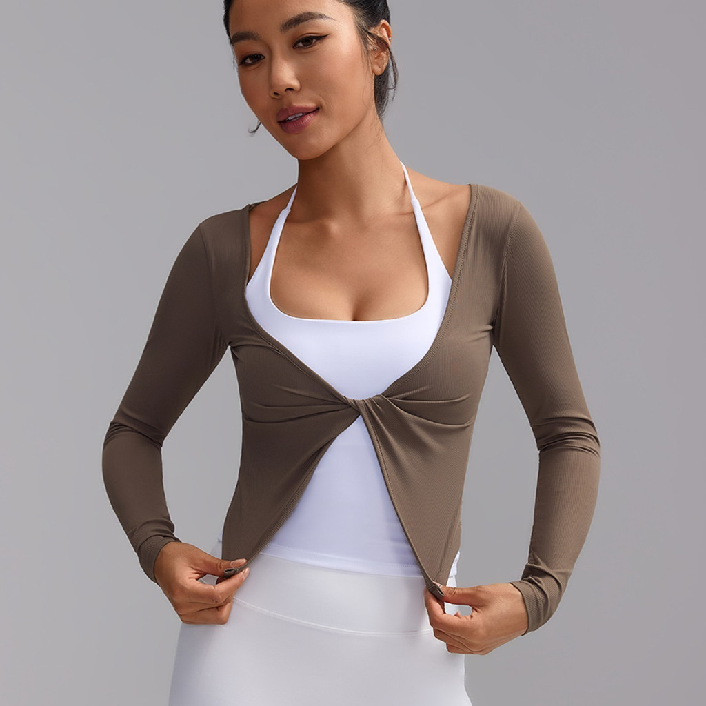 【LASYYOGA】Sports Top ผู้หญิงเซ็กซี่ Kink แฟชั่น V คอ Breathable แขนยาวโยคะเต้นรํา