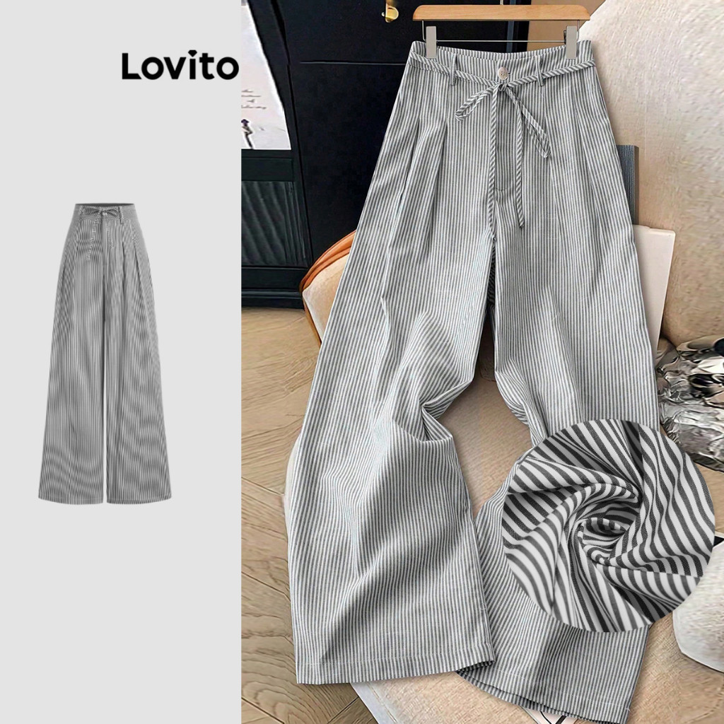 Lovito สง่างาม กางเกง กางเกงขายาวสีดำ ทรงหลวม ผูกเชือก ติดกระดุม ใส่สบาย เหมาะกับทุกฤดูกาล สำหรับผู้หญิง L137ED215
