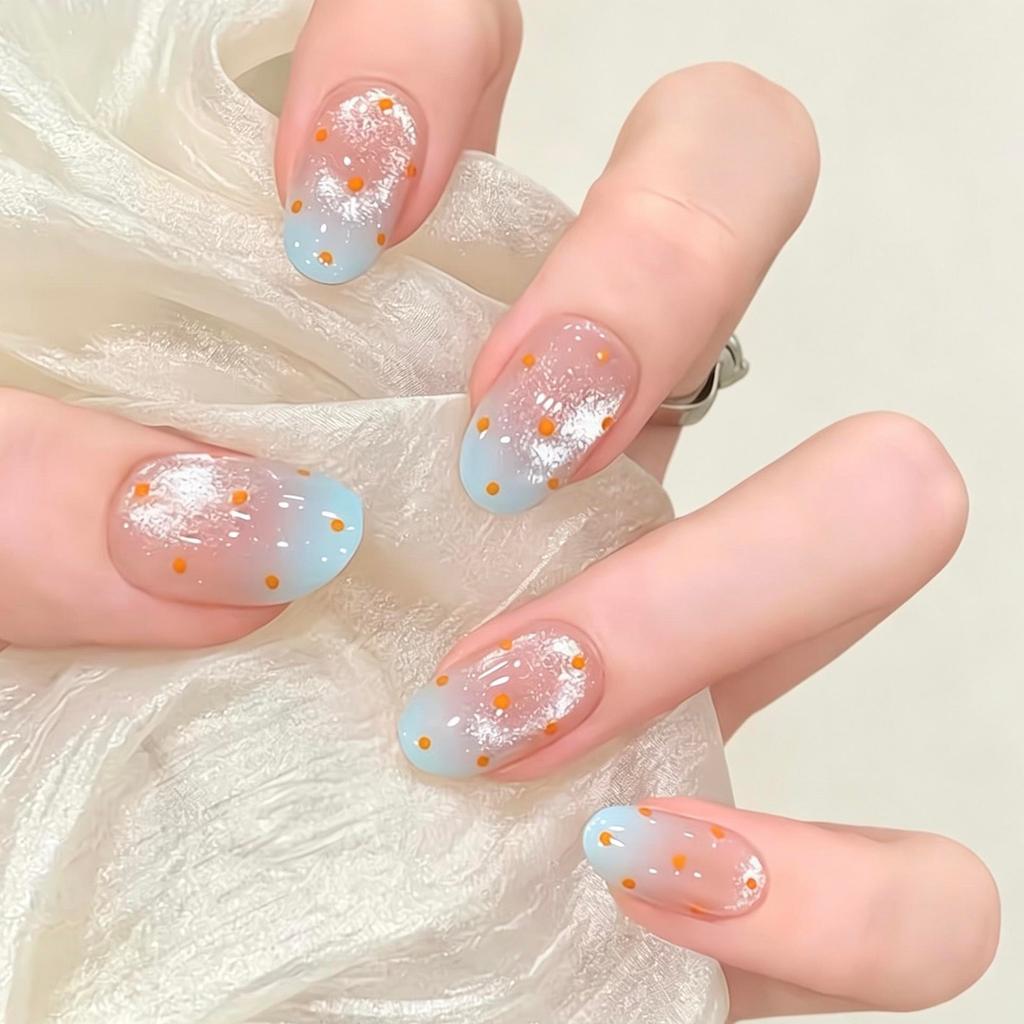 T101 เล็บปลอมสำเร็จรูป ทำด้วยมือ แคทอาย ใช้ซ้ำได้ สีฟ้าพาสเทลไล่เฉด ลายจุดน่ารัก กลิตเตอร์มุก สไตล์เกาหลี หวานสดใส เล็บปลอมเจล 10 ชิ้น/กล่อง