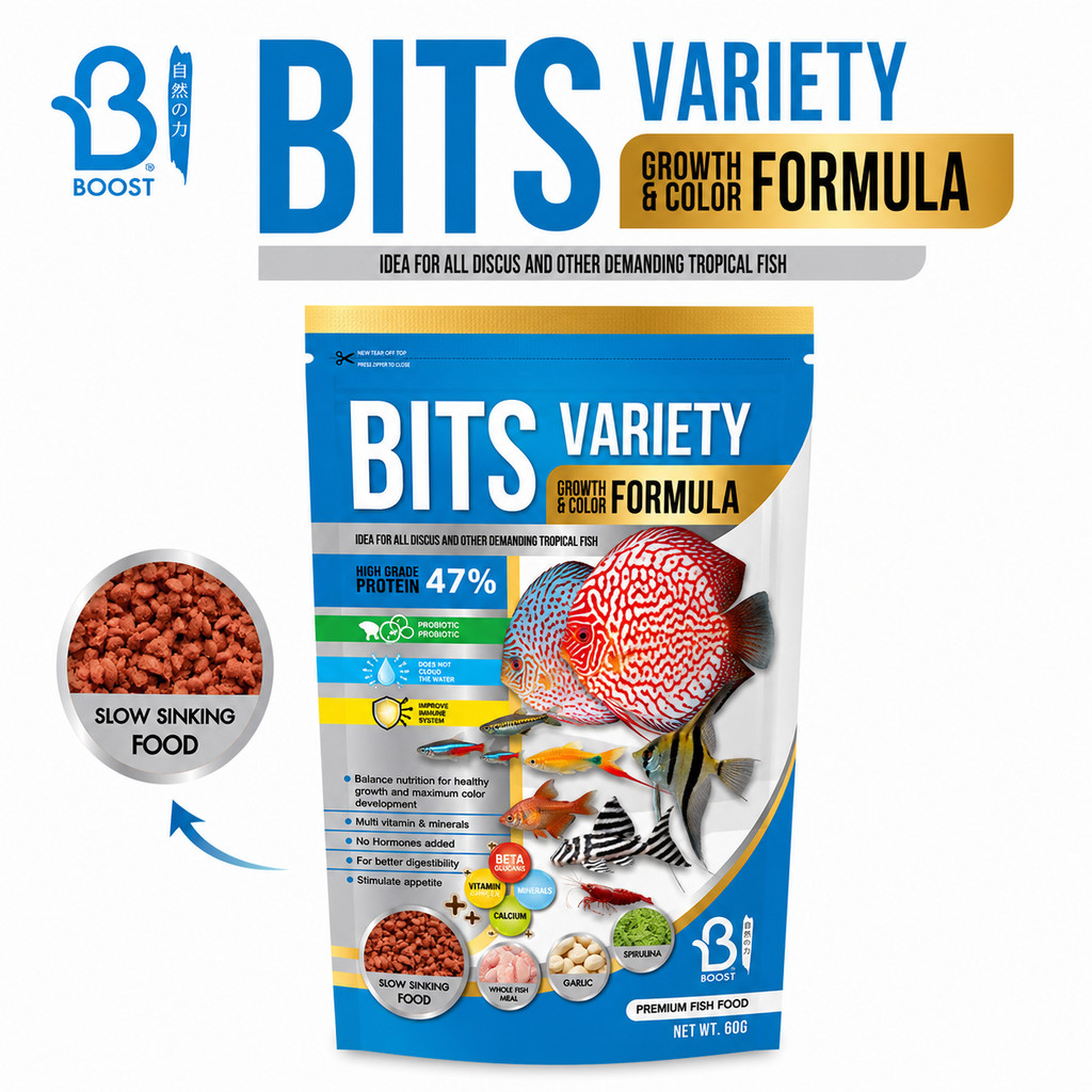 อาหารปลาสวยงาม BITS VARIETY GROWTH&COLOR FORMULA 60 g. สูตร เร่งโต และเร่งสี