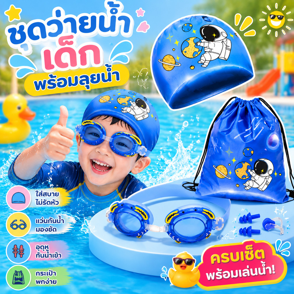 แว่นตาว่ายน้ำเด็ก รวมถึงหมวกว่ายน้ำและกระเป๋าว่ายน้ำ กันน้ำและกันฝ้า HD สำหรับเด็ก เหมาะสำหรับการว่ายน้ำ