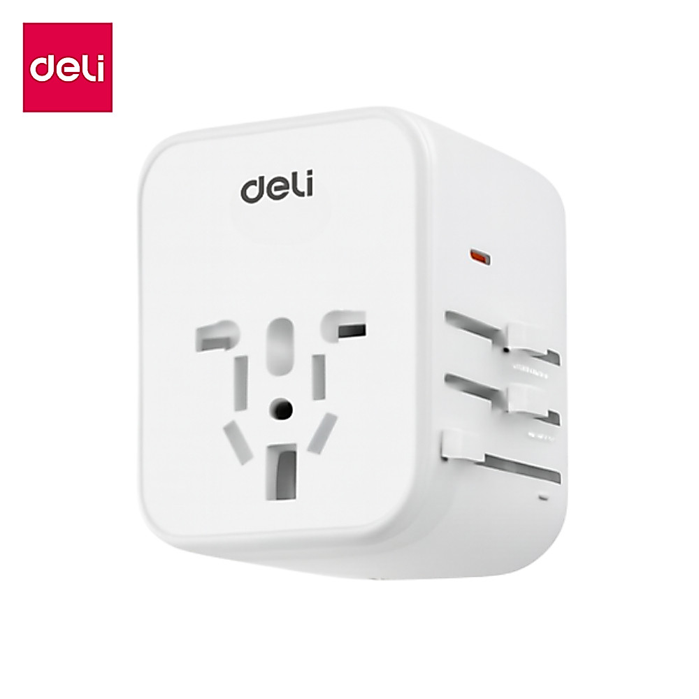 Deli ปลั๊กแปลงขาต่างประเทศ ปลั๊กสำหรับเดินทาง อแดปเตอร์แปลง มีช่องUSBA,C ชาร์จเร็ว75w Travel Adapter