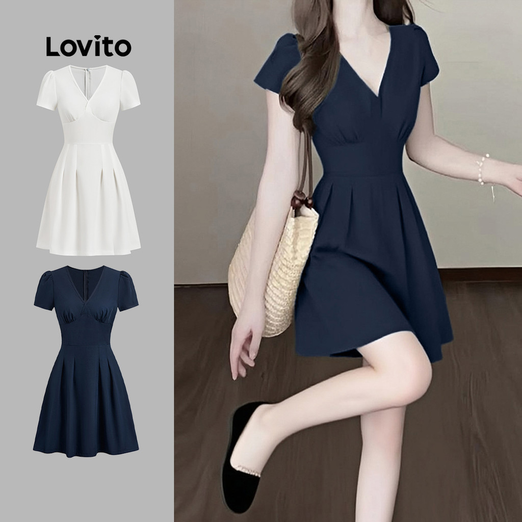 Lovito สง่างาม ชุดเดรสวินเทจ ซิปสีน้ําตาล สําหรับฤดูใบไม้ผลิ/ฤดูร้อน สําหรับผู้หญิง LK2ED160