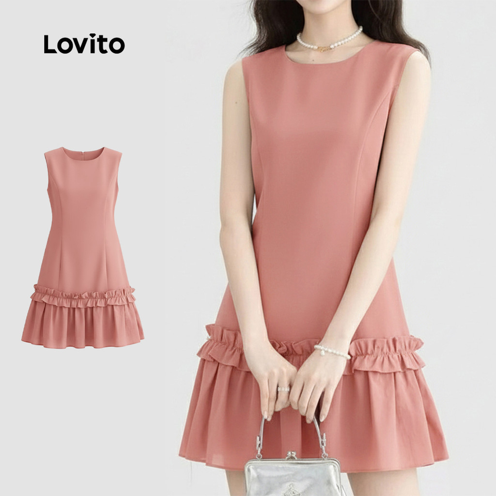 Lovito แคชชวล เดรสสีชมพูสําหรับฤดูร้อนฤดูใบไม้ผลิ ประดับไข่มุกชายกระโปรงบาน LK3ED192