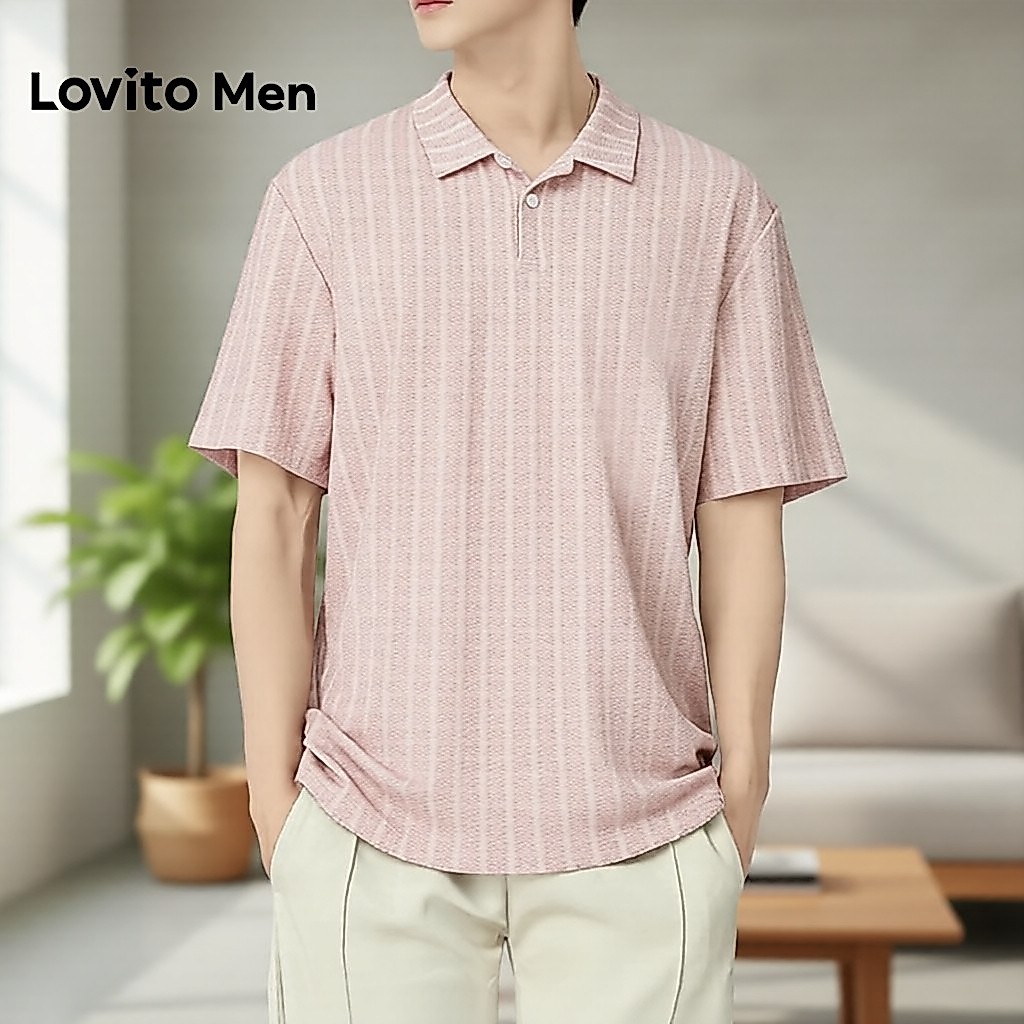 Lovito โบโฮ เสื้อโปโลผู้ชาย สีชมพู สไตล์ลําลอง กระดุมหน้า สําหรับเทศกาลปีใหม่ ฤดูใบไม้ผลิ ฤดูร้อน L175ED105
