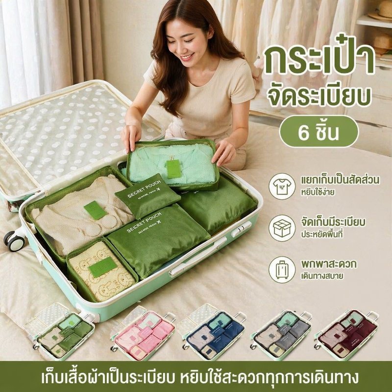 กระเป๋าจัดระเบียบเสื้อผ้า ชุดกระเป๋าจัดสัมภาระ 6 ชิ้น กันน้ำ ใส่เสื้อผ้า รองเท้า เครื่องสำอาง
