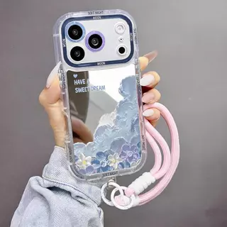 เคสไอโฟน ป้องกันเลนส์ ลายภาพวาดสีน้ำมันดอกไม้สีฟ้า มีขาตั้ง แถมสายคล้องชมพู iPhone11 13 15 17ProMax พร้อมส่งJHJMNYK83