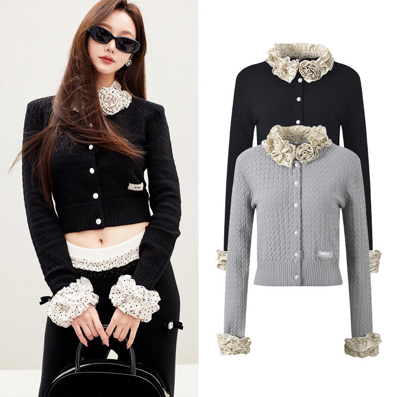 KOBX Sand*** 2025Early Spring Design Sense Gorgeous Beaded Polka Dot Patchwork Collar Sleeve Elegant Fashion Short Top