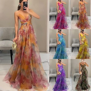 2025 New Style European American Women's Mesh Printed Sling Casual Party Long Dress