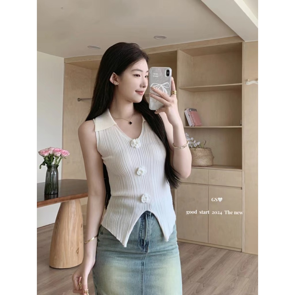 คอปกดอกไม้ 3D เสื้อกล้ามเล็กหวานและเผ็ด ดีไซน์ไม่ซ้ำใคร เสื้อผ้าภายนอกแบบเฉพาะ เสื้อถักเล็กสำหรับผู้