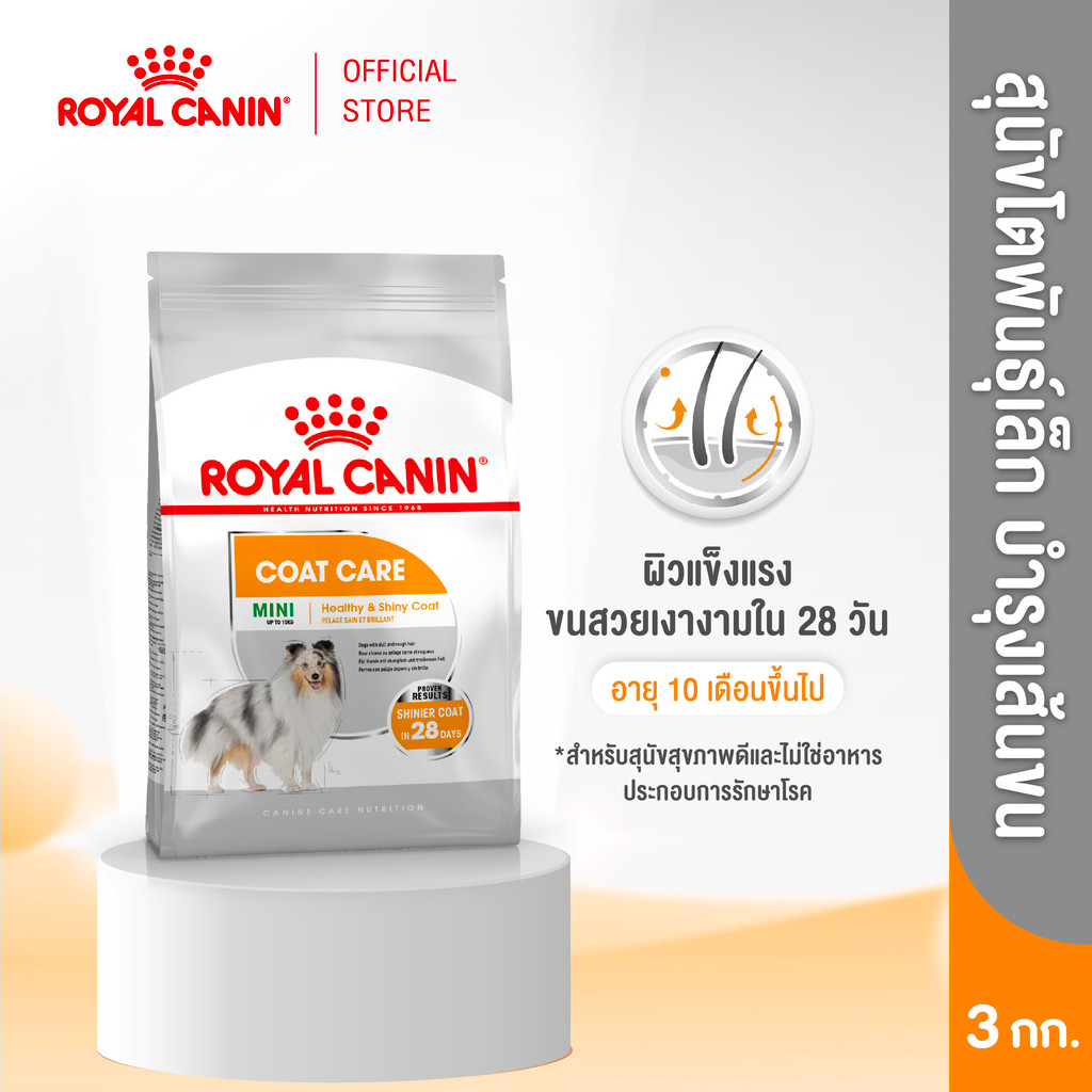 Royal Canin Mini Coat Care 3kg อาหารเม็ดสุนัขโต พันธุ์เล็กดูแลสุขภาพเส้นขน อายุ10เดือนขึ้นไป (Dry Dog Food, โรยัล คานิน)