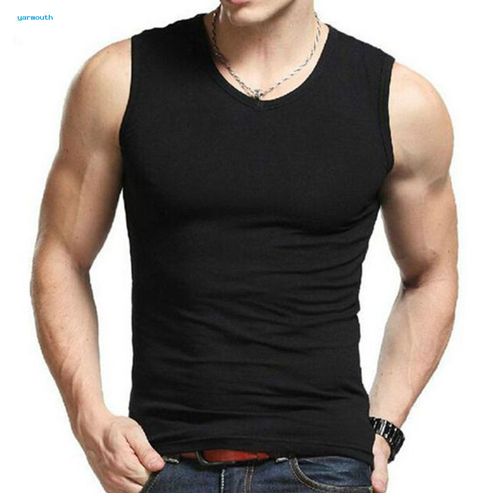 เสื้อกั๊กลายสีทึบแขนกุดคอกลม สำหรับผู้ชาย ไซส์กระชับ สไตล์ฟิตเนส