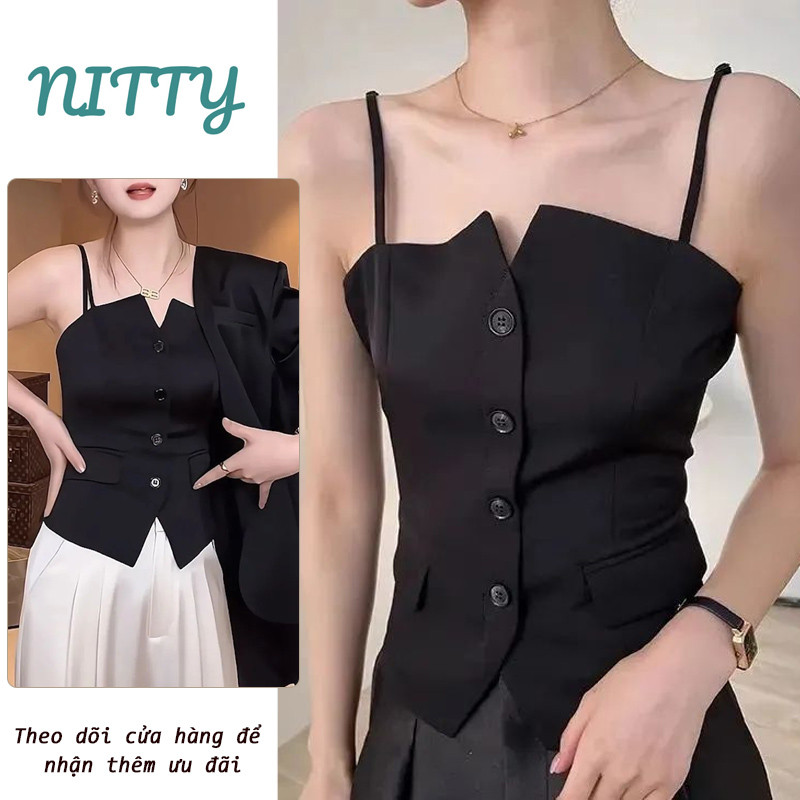 NITTY Sling Tank Top เสื้อกล้ามกระดุมแขนกุดสีดําและ