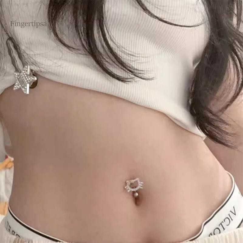 FIG สีชมพูคริสตัลหัวใจ Belly ปุ่มแหวน Navel เจาะเครื่องประดับเซ็กซี่ Rhinestone ตกแต่ง TH