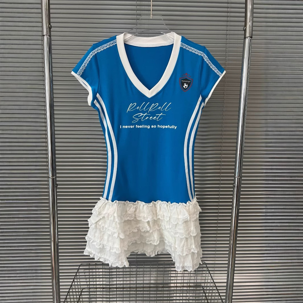 0EFD Jersey Spliced Cake Dress Summer Sports Retro Slim Fit Short Dress