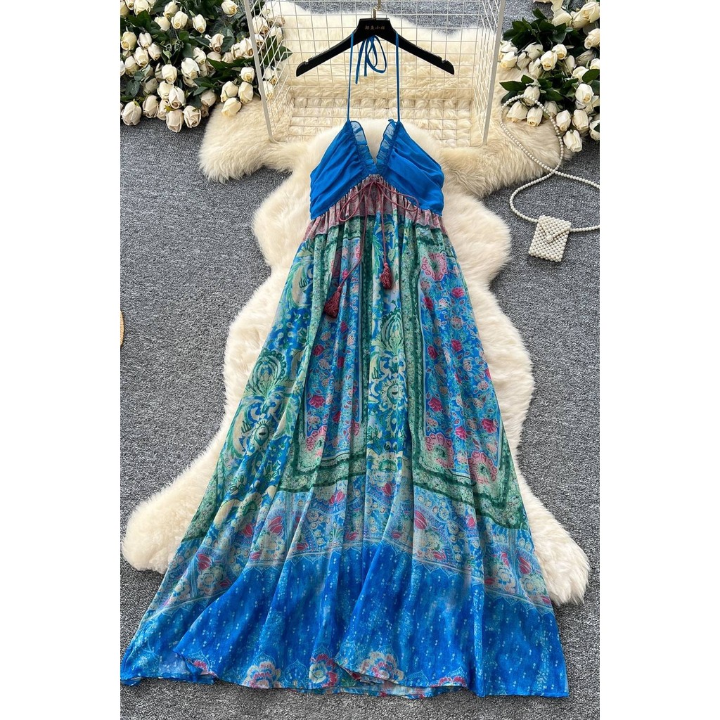 Bohemian Vacation สไตล์ชุดหญิงฤดูร้อน Niche Retro หลวม Slimmer ดู a-Line Halter คอสลิงพิมพ์กระโปรง 9