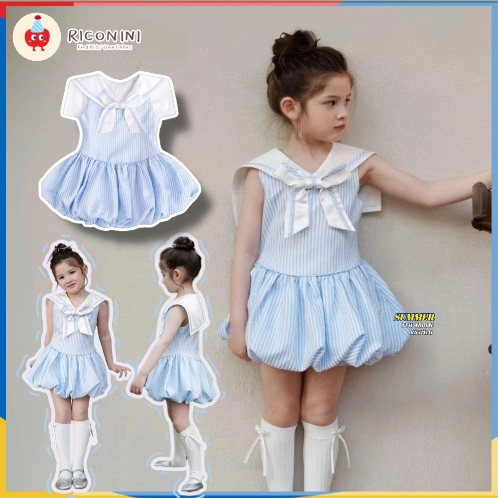RICONININew Arrival Kids French Navy Dress Blue Striped Elegant Chic Bow Bubble Hem Slim Fit Summer