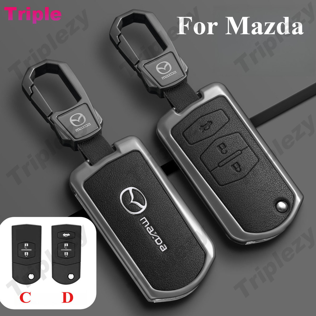 พลิกพับ2 3ปุ่มรีโมทกุญแจรถ โกง กรณีปกหนังแท้โลหะผสมสังกะสี360° Protector Shell ผู้ถือพวงกุญแจสําหรับ Mazda 2 Demio 3 5 6 RX8 CX7 CX9 CX-7 CX-9