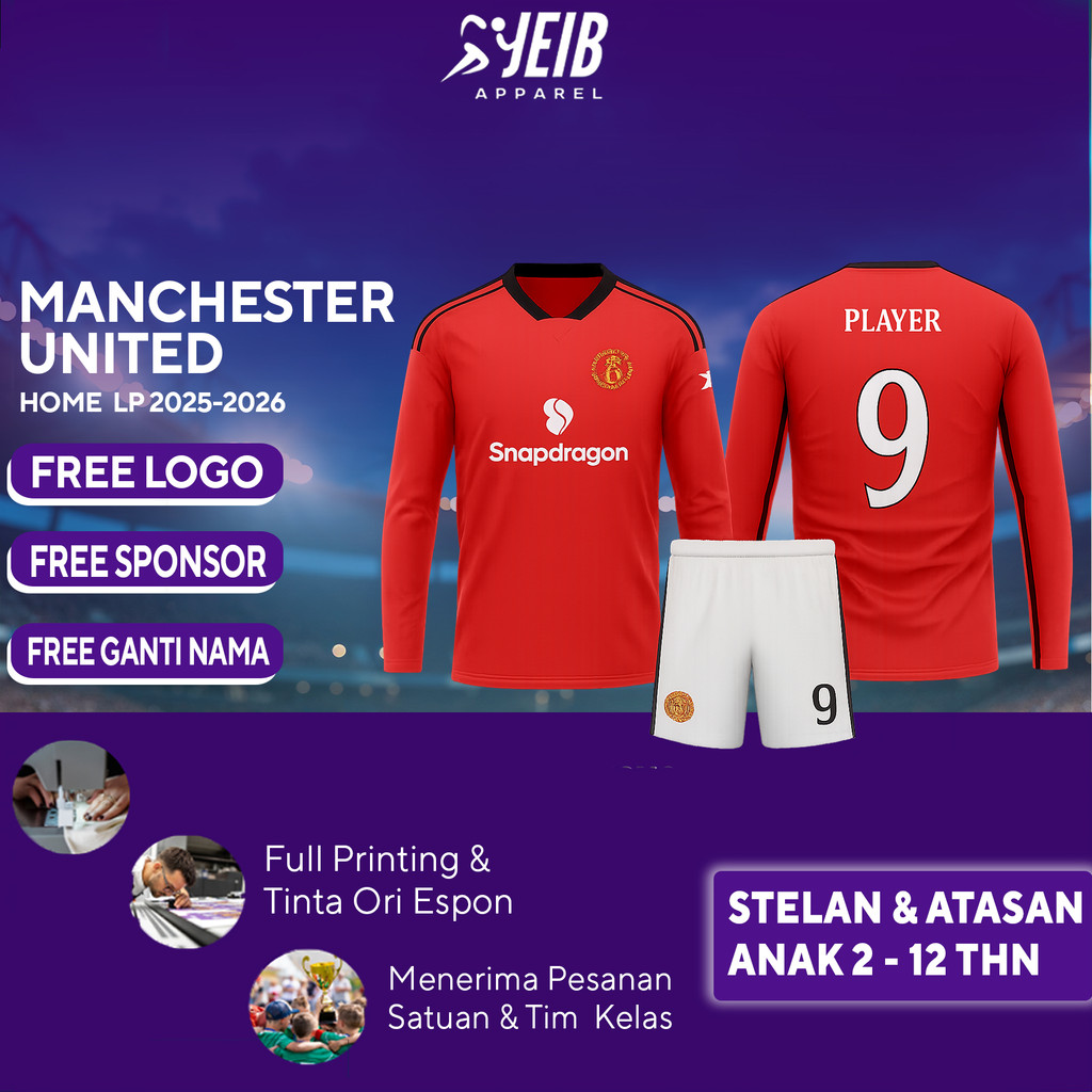 ใหม่ล่าสุด FOOTBALL JERSEY MU HOME LONG SLEEVE 2025-2026 UCL LEAGUE FULL PRINTING ฟรีชื่อ, โลโก้, SP