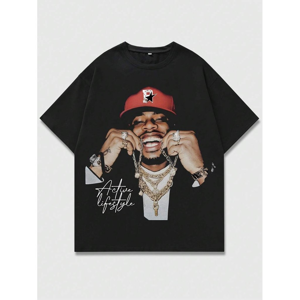 ROMWE MEN Street Life Men's Portrait Printed Short Sleeve T-Shirt, Suitable For Daily Wear In Spring