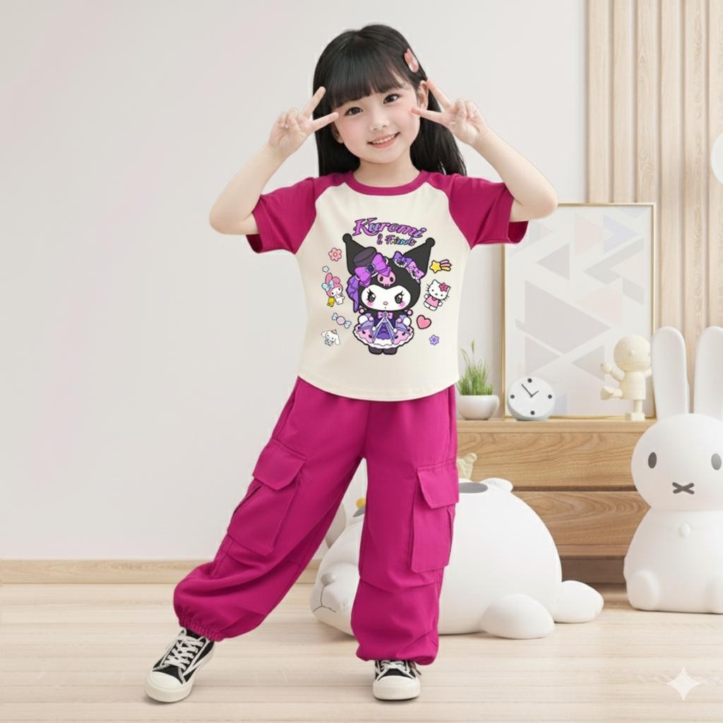 PINKชุดเซ็ทเด็ก2ชิ้น เสื้อยืดลายการ์ตูน+กางเกงคาร์โก้ สไตล์เกาหลี 9471