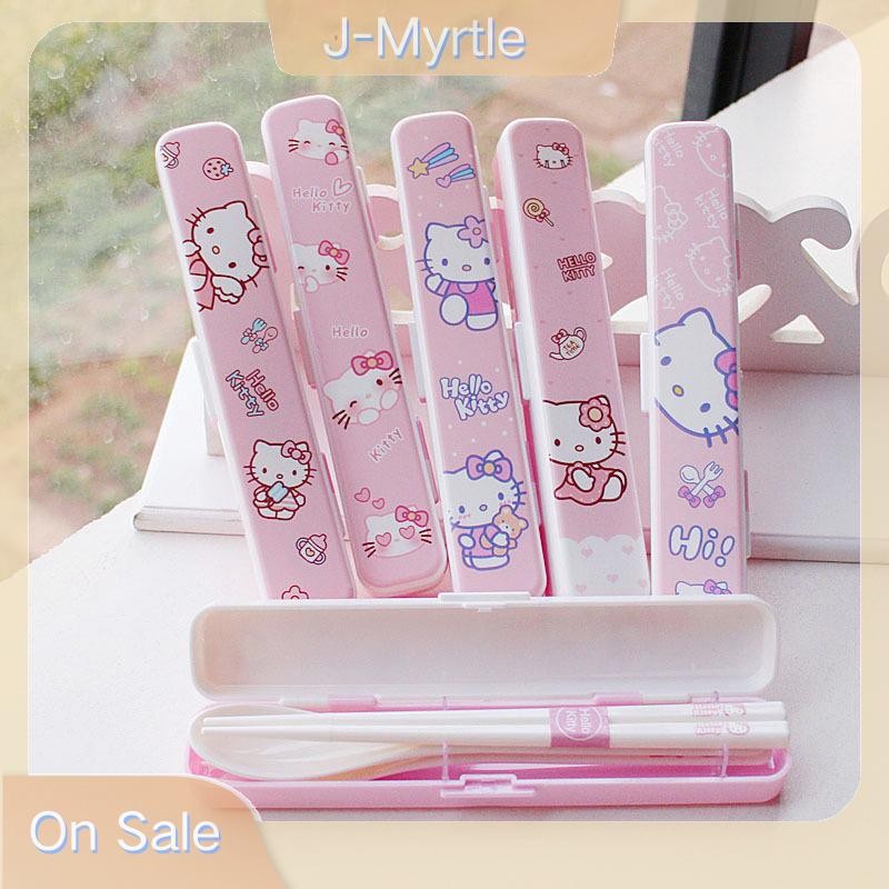 J-Myrtle แบบพกพาน่ารัก Sanrio Hello Kitty ตะเกียบช้อนส้อม 3 ชิ้นชุดบนโต๊ะอาหารเด็กอุปกรณ์อุปกรณ์ครัว Nice
