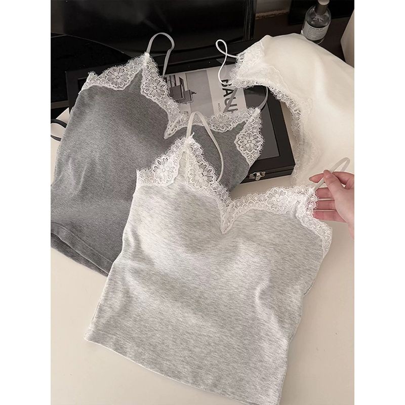 Moses Queen/Moss Queen เสื้อสายเดี่ยวลูกไม้ฝรั่งเศสพร้อมแผ่นรองหน้าอกชิ้นเดียวสวมใส่ด้านนอก