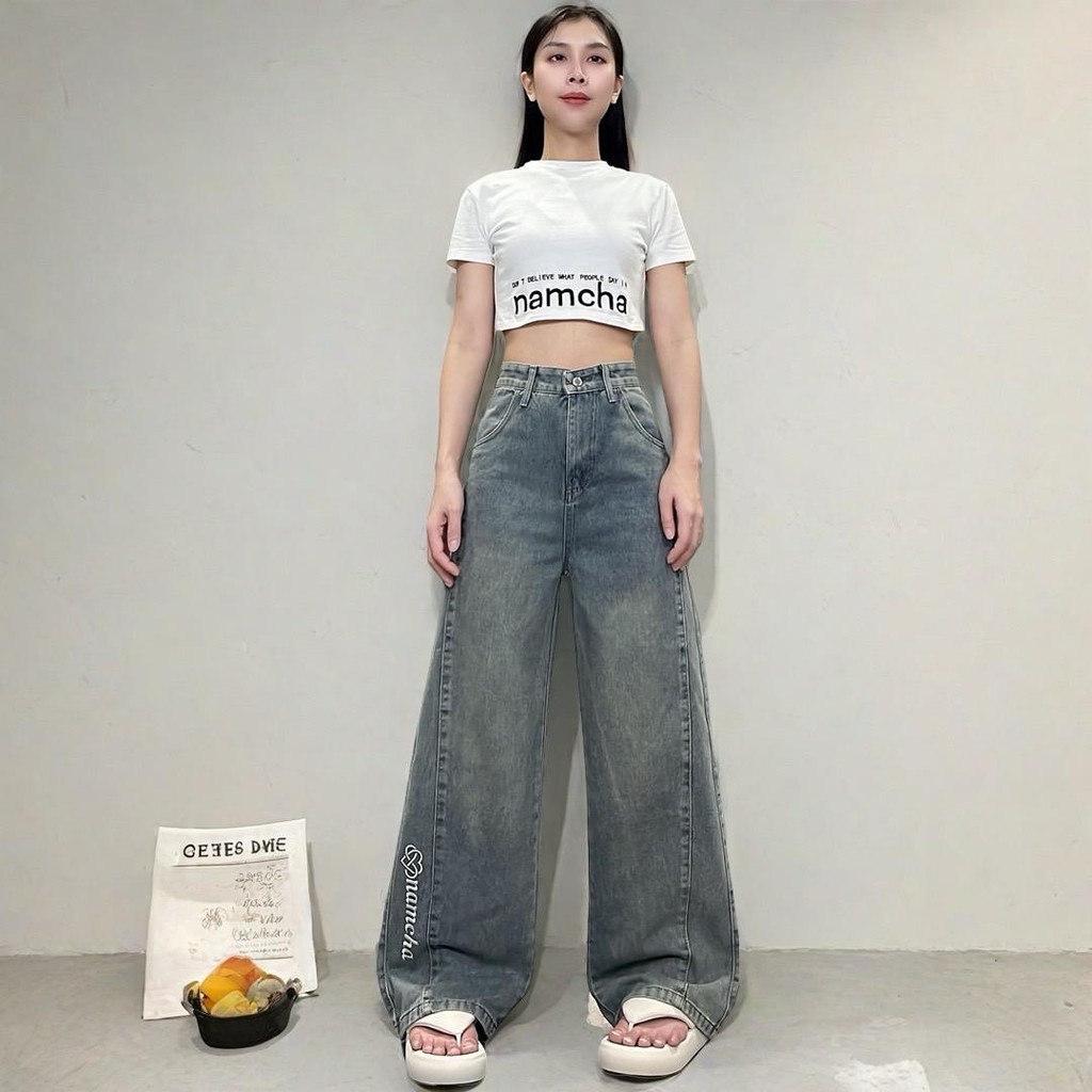 NAMCHA กางเกงยีนส์เอวสูงทรงกระบอกกลาง สีวินเทจ ปักNAMCHA ปลายขา 313 - รูปที่ 3