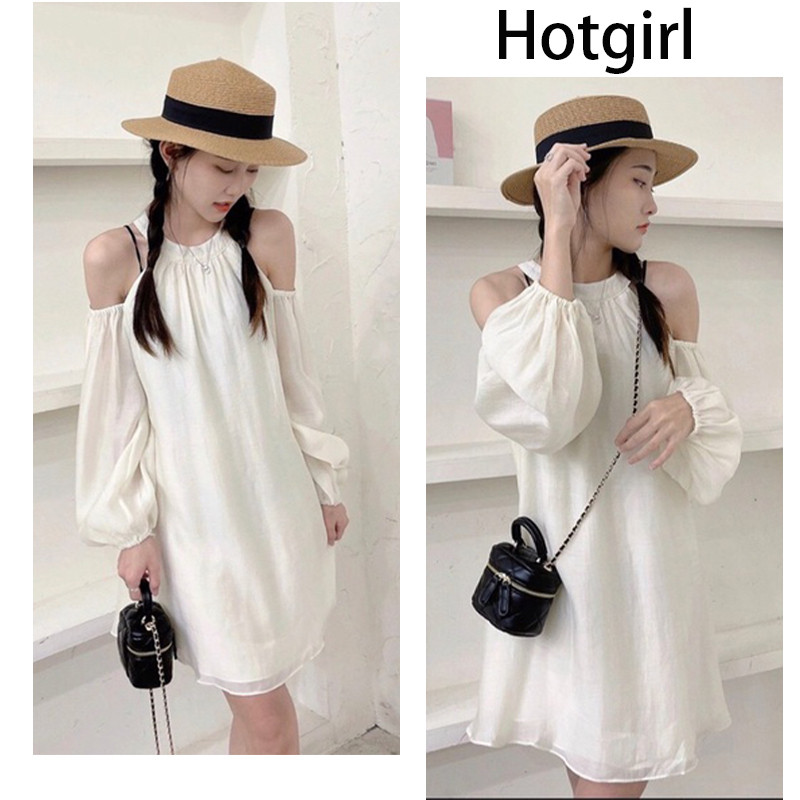 Hotgirl พร้อมส่งจากกทม ชุดเดรสผู้หญิง ชุดเดรสเปิดไหล่ผู้หญิง ชุดเดรสผ้าชีฟองสีเบจ น่ารักสุดๆ