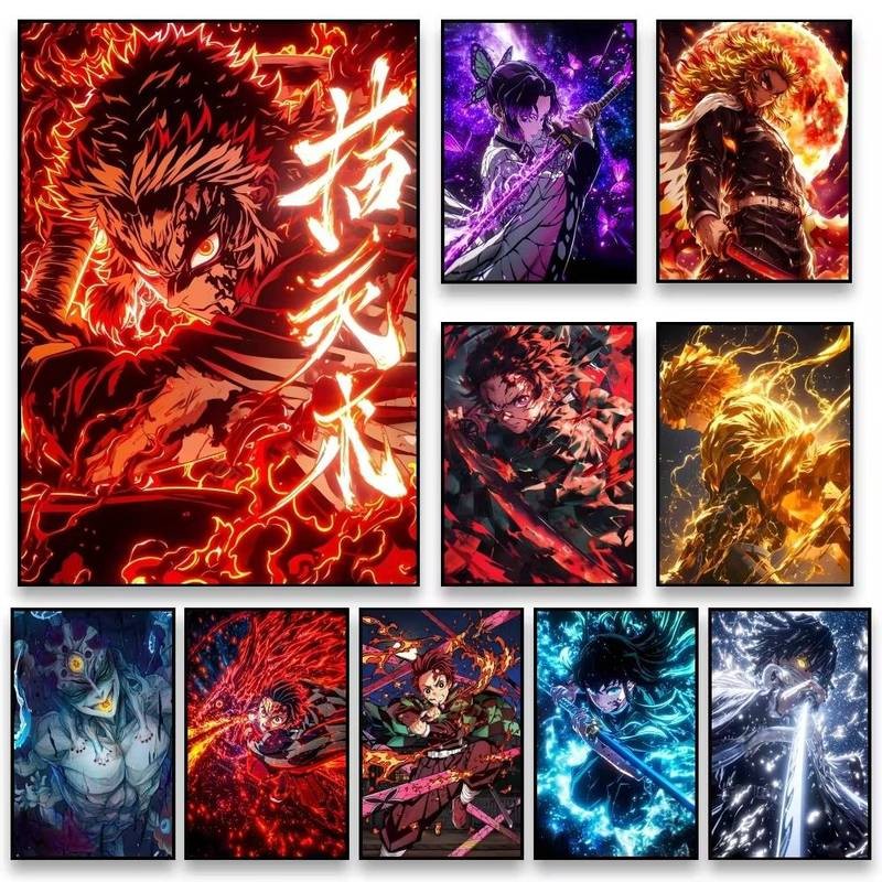 Anime Demon Slayer โปสเตอร์ผ้าใบศิลปะเกมตกแต่งห้องของขวัญภาพวาด HD สไตล์น่ารัก