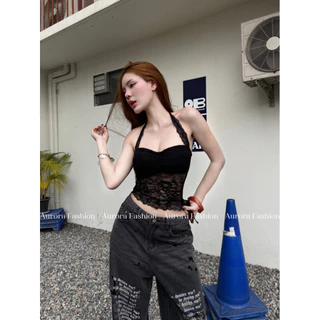 Aurora🛒พร้อมส่ง🚚 (รูปถ่ายจากงานจริง) เสื้อคล้องคอดีเทลแต่งลายลูกไม้ซีหทรู มีฟองน้ำ สีพื้น