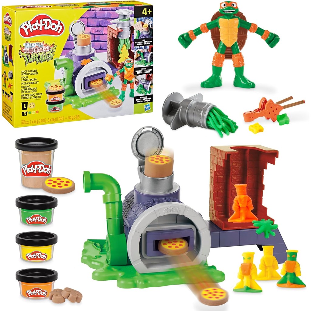 Play-Doh เต่านินจาวัยรุ่น Slice & Blast Pizza Playset, Bendy 4 นิ้ว Mikey Action Figure, เด็กศิลปะแล