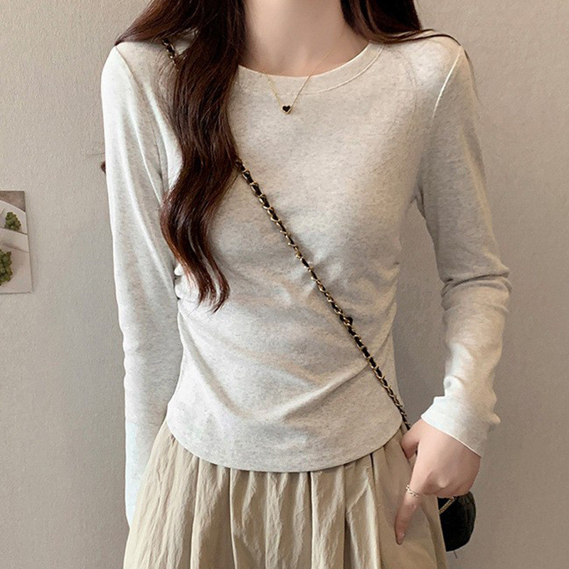 สไตล์บางผ้าฝ้ายแท้รอบคอขนาดเล็กด้านหน้าไหล่ด้านในแคบ-เอวสั้นแขนยาว จุดต่ําสุด เสื้อเสื้อยืดด้านบนผู้