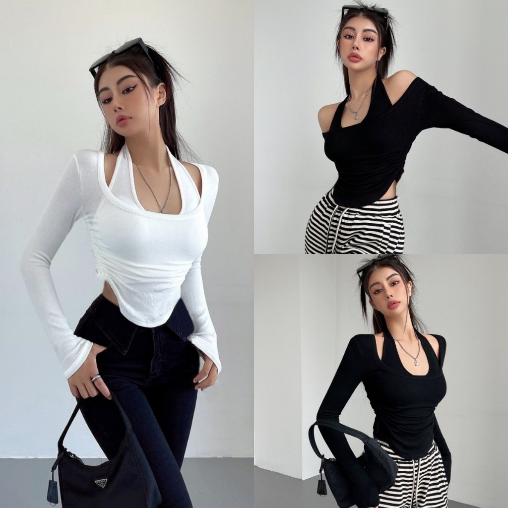 Bella Shop สาวร้อนสีดําเชือกแขวนคอคอแขนยาวเสื้อยืดผู้หญิงฤดูใบไม้ร่วงเซ็กซี่ผอมสั้นด้านบน